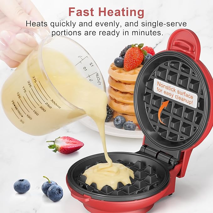 CROWNFUL Mini Waffle Maker Machine, 4 Inch Chaffle Maker with Compact Design, Easy to Clean, Non-Stick Surface, Recipe Guide Included, Perfect for Breakfast, Dessert, Sandwich, or Other Snacks (Red)