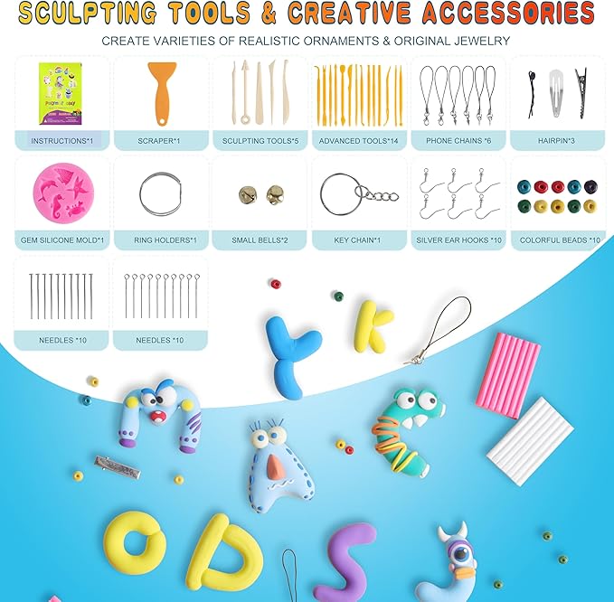 Polymer Clay Kits 50 Colors,Modeling Clay for Kids DIY Mold Oven Bake Clay with Storage Box Sculpting Tools and Accessories,for Kids Adult and Artist Friendly Ideal Gifts