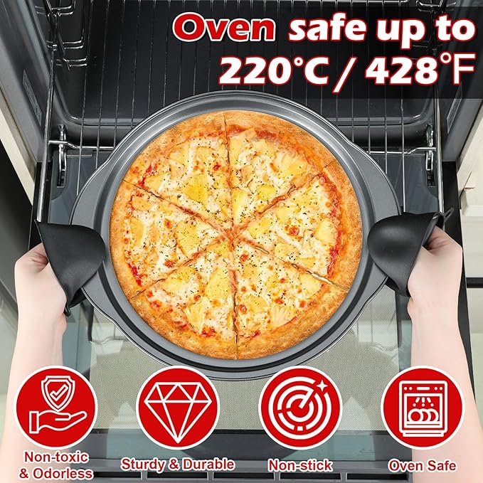 Pizza Pan for Oven - 13" Round Pizza Pans with Holes(2 Pack), Non-stick Carbon Steel Pizza Trays with Handle, Easy to Clean & Oven Safe