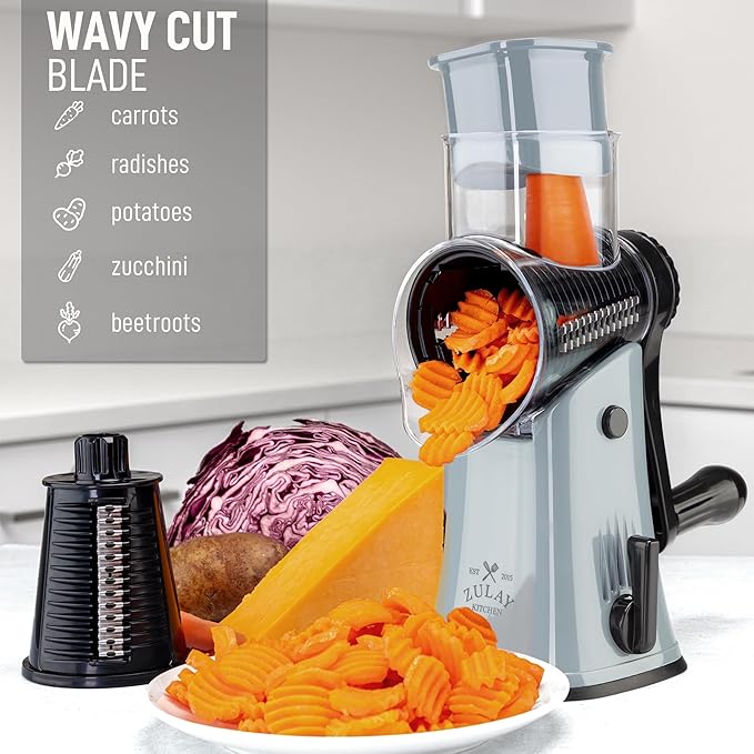 Zulay Kitchen Rotary Cheese Grater 5 Blade Cheese Shredder - Manual Hand Crank Cheese Grater With Reinforced Suction & 5 Interchangeable Drums - Easy to Use, Vegetable Chopper Round Mandoline Slicer