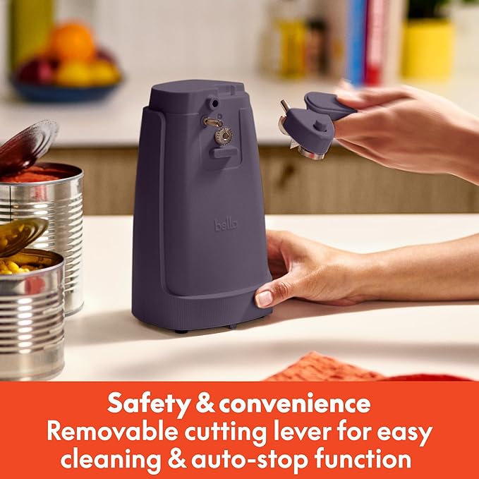 bella Electric Can Opener and Knife Sharpener, Multifunctional Jar and Bottle Opener with Removable Cutting Lever and Cord Storage, Stainless Steel Blade, Plum
