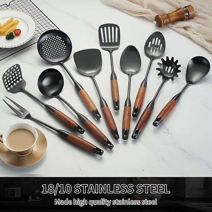 Stainless Steel Kitchen Utensils Set with Wood Handle, 18/10 Metal Cooking Utensils Set, 10-Piece - Spatula, Spoon, Ladle, Skimmer, Slotted Turners, Pasta Server, Fork, Masher(Dishwasher Safe)