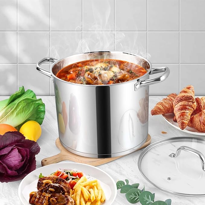Herogo 12-Quart 18/10 Stainless Steel Stock Pot with Lid, Large Heavy Duty Soup Pot Compatible with Electric, Gas, Induction and Various Cooktops, Dishwasher Safe