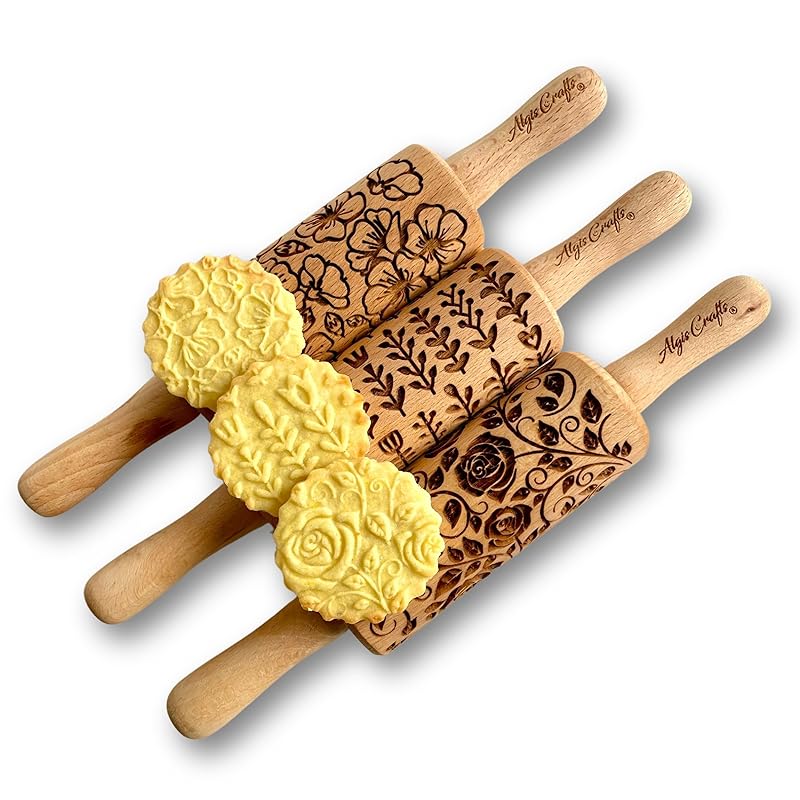 GARDEN BLOSSOMS 3 Small Size Embossed Rolling Pin Set. Wooden Laser Engraved Embossing Dough Roller for Embossed Cookies Gift for Birthday, Easter by Algis Crafts