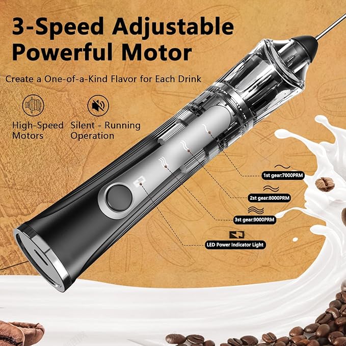 Rechargeable Milk Frother with Stand,Handheld Electric Foam Maker, Waterproof Detachable 3-Speed Adjustable Drink Mixer & Milk Foamer with 3 Stainless Steel Whisks for Lattes, Cappuccino