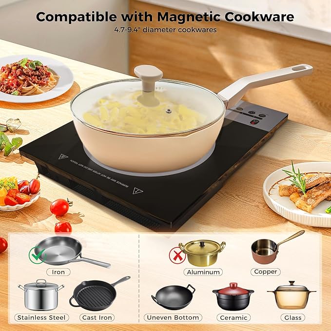 CAMPLUX Portable Induction Cooktop 1800W, 120V Single Burner Electric Cooktop with Kids Safety Lock, 7 Power & Temperature Levels Setting Induction Burner with Timer, Countertop or Built-in