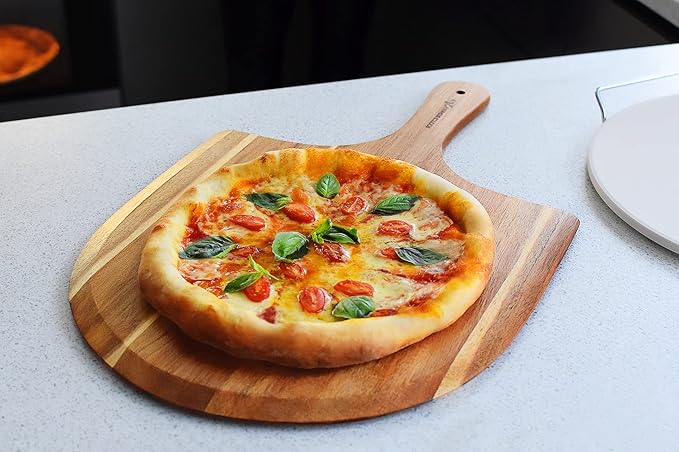 KitchenStar 12-Inch Acacia Wood Pizza Peel – Wooden Cutting & Serving Board with Handle & Hanging Loop – Natural Oil Finish – Ideal Pizza Oven Accessory for Easy Sliding & Prep