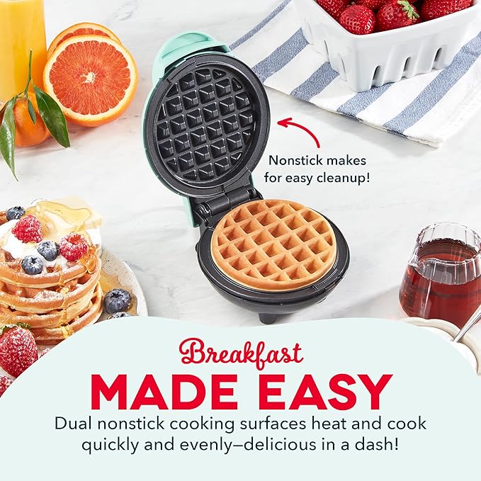 DASH Mini Waffle Maker - 4” Waffle Mold, Nonstick Waffle Iron with Quick Heat-Up, PTFE Nonstick Surface - Perfect Mini Waffle Maker for Kids and Families, Just Add Batter (Aqua)