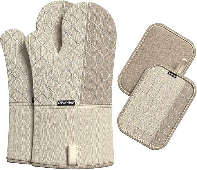 Oven Mitts and Pot Holders Sets 6pcs, Kitchen Oven Glove,High Heat Resistant 550 Degree Extra Long Oven Mitts and Potholders with Non-Slip Silicone Surface for Home Essentials (Grey) (Milkshake/Beige)