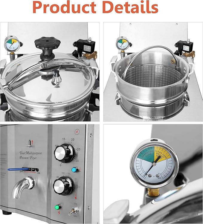 INTSUPERMAI 16L Commercial Electric Pressure Fryer Stainless Steel Countertop Pressure Fryer Electric Fried Chicken Stove Professional Tabletop Restaurant Kitchen Frying Machine 110V 2.4KW