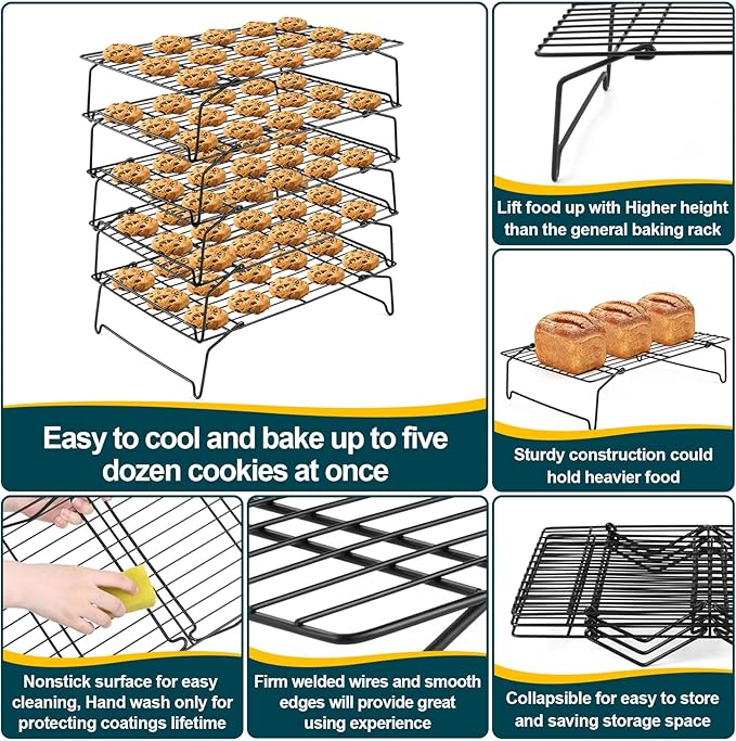 P&P CHEF Cooling Rack, 5-Tier Stainless Steel Stackable Baking Cooking Racks for Cooling Roasting Grilling, Collapsible & Heavy Duty, Oven Safe & Easy Clean, 15" x 10", Black