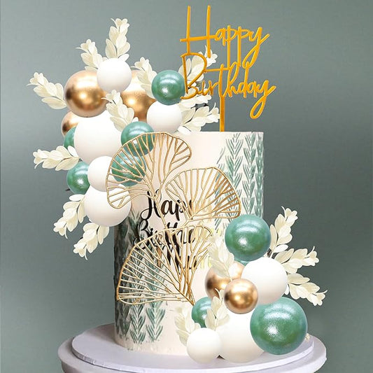 Gyufise 57Pcs Balls Cake Topper Boho Grass Cake topper Pearl Balls Acrylic Happy Birthday Cake Decorations for Wedding Baby Shower Birthday Boho Themed Party Supplies Pearl Green