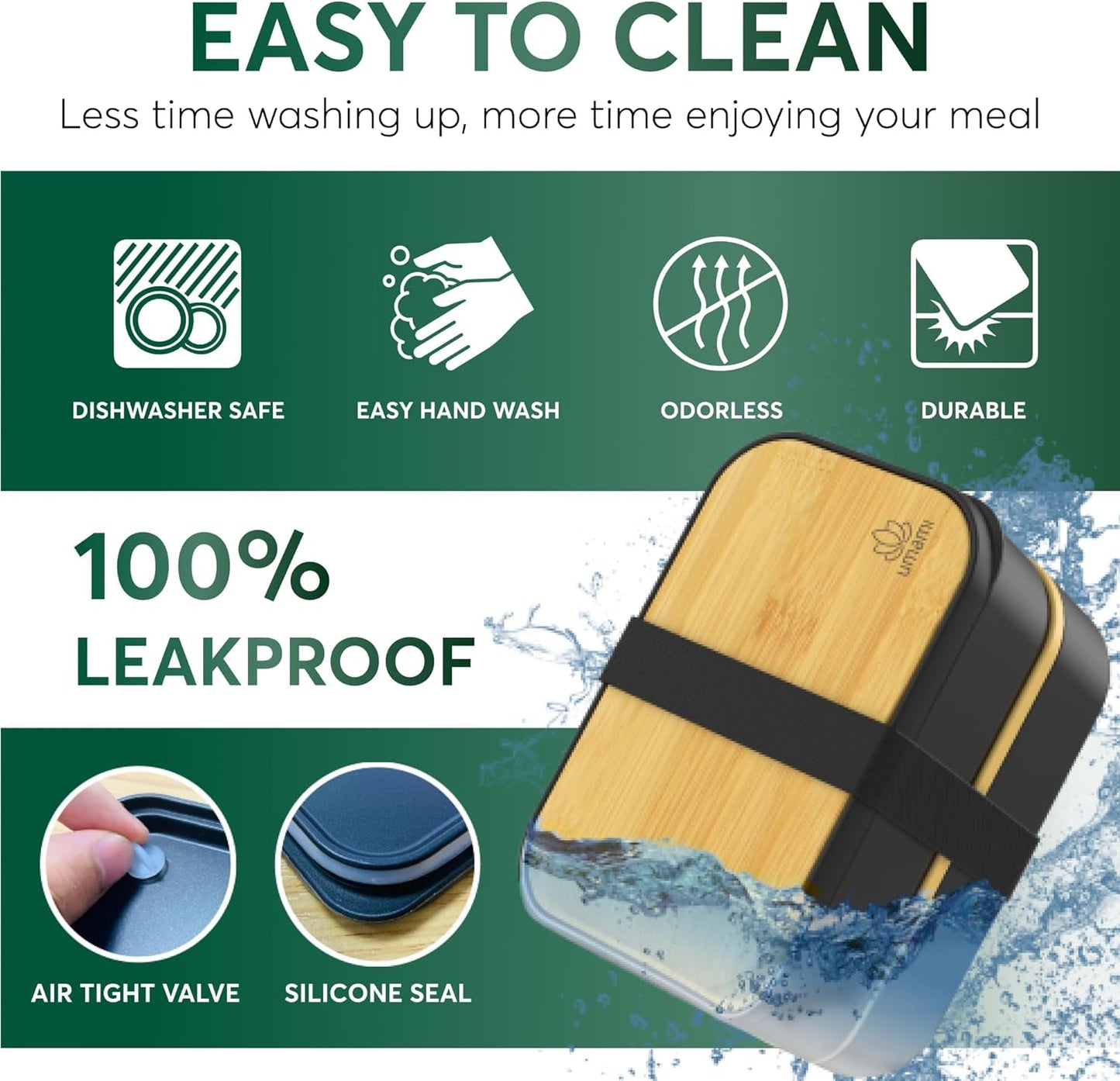 Umami Bento Box Adult All-In-1 w/4 Utensils, 2 Sauce Jars 2 Dividers, Bamboo Lid, 100% Leakproof, Microwave & Dishwasher Safe Stackable Bento Lunch Box Containers for Men/Women, Black Beige, 68 oz