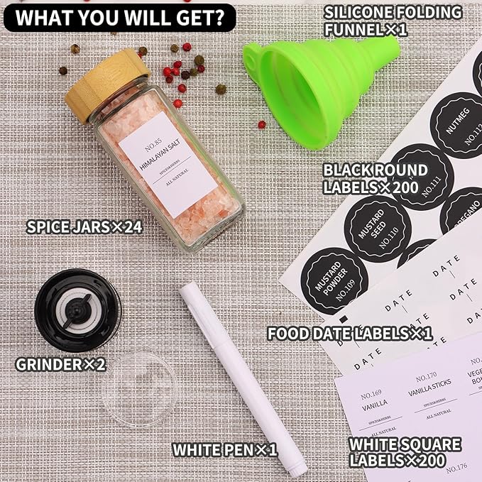 Spice Jars - 24 Pcs, Spice Jars with Labels, Glass Seasoning Jars with Bamboo Lids, Seasoning Containers,Empty Glass Spice Container Set , Seasoning Organizer, Kitchen Set, with Pepper Grinder