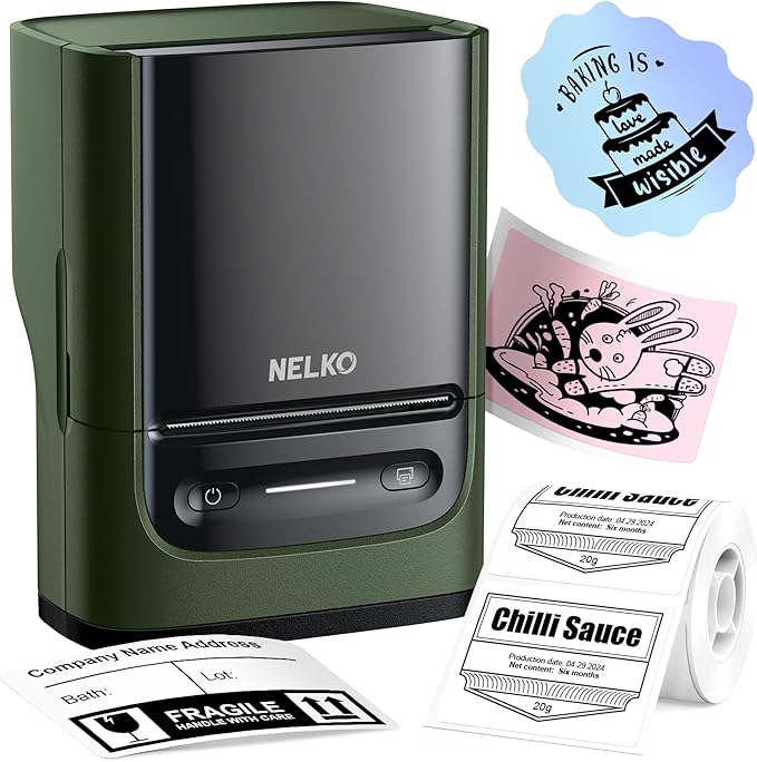 Nelko Label Maker Machine with Tape, PM220 Bluetooth Label Printer, 2 Inch Portable Thermal Printer for Small Business, Address, Logo, Clothing, Sticker Maker for Phones & PC, Deep Green