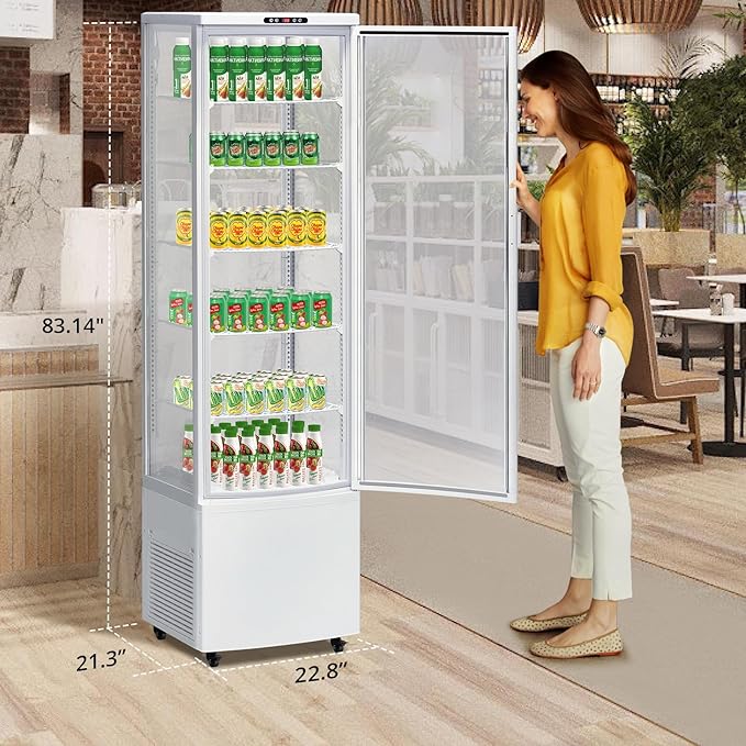 10.5 Cu.Ft Refrigerated Display Case, Floor-Standing Display Refrigerator with LED Light and Adjustable Shelves, Commercial Display Fridge with Casters for Cakes, Coffee, Bakery, Supermarkets, Store