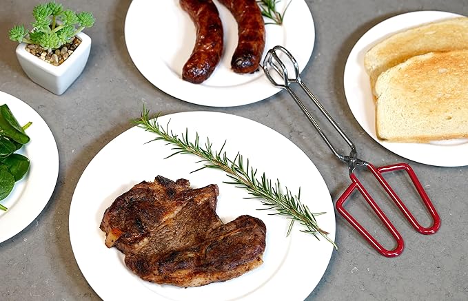 10-Inch Heavy Duty Stainless Steel Kitchen Tongs - Non-Slip Comfortable Red Grip, Scissor Design, Heat Resistant for BBQ and Cooking, Set of 3