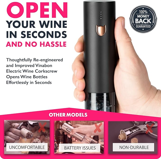 VINABON Electric Wine Opener - Premium 2025 Rechargeable Wine Bottle Opener Corkscrew with Foil Cutter, One-Touch Automatic Operation & LED Lights. Includes Wine Guide eBook