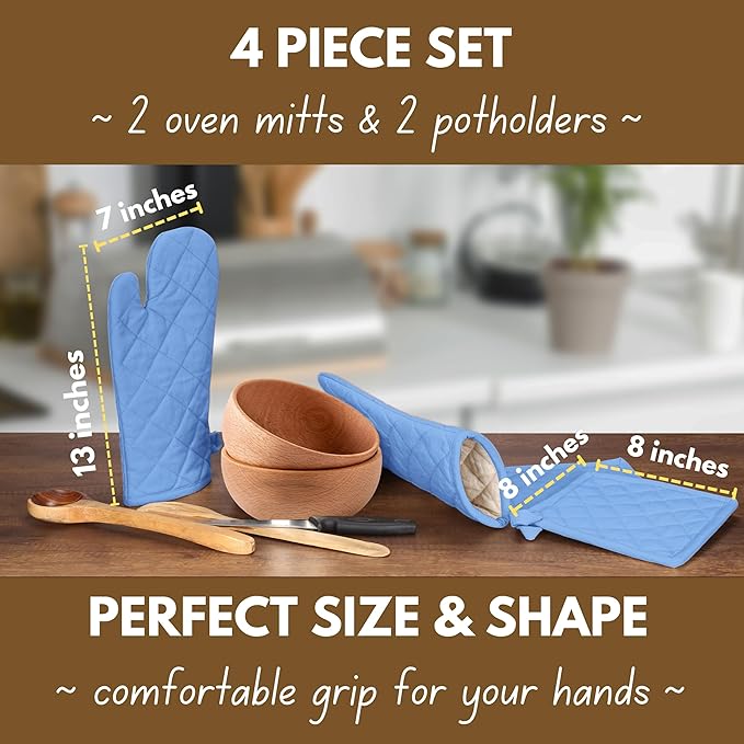 Native Fab Pot Holders and Oven Mitts Sets for Kitchen Heat Resistant - Hanging Non-Slip - 100% Cotton Kitchen Oven Mitts and Pot Holders 4-Piece Set - Blue