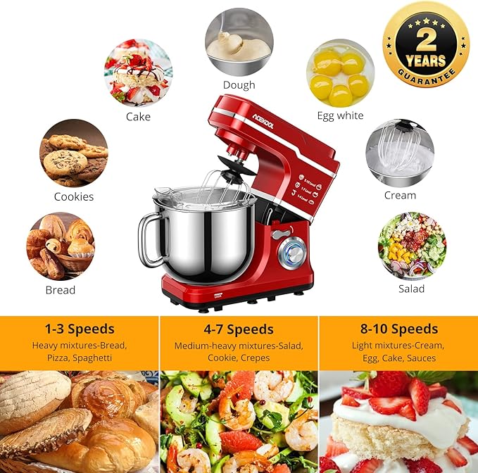 Garvee 7.5QT Stand Food Mixer, 10-Speed Tilt Head 3-IN-1 Kitchen Electric Mixer with Stainless Steel Bowl, Egg Whisk, Dough Hook, Beater, Splash Guard, Compact Dough Mixer for Home Cooks, Red