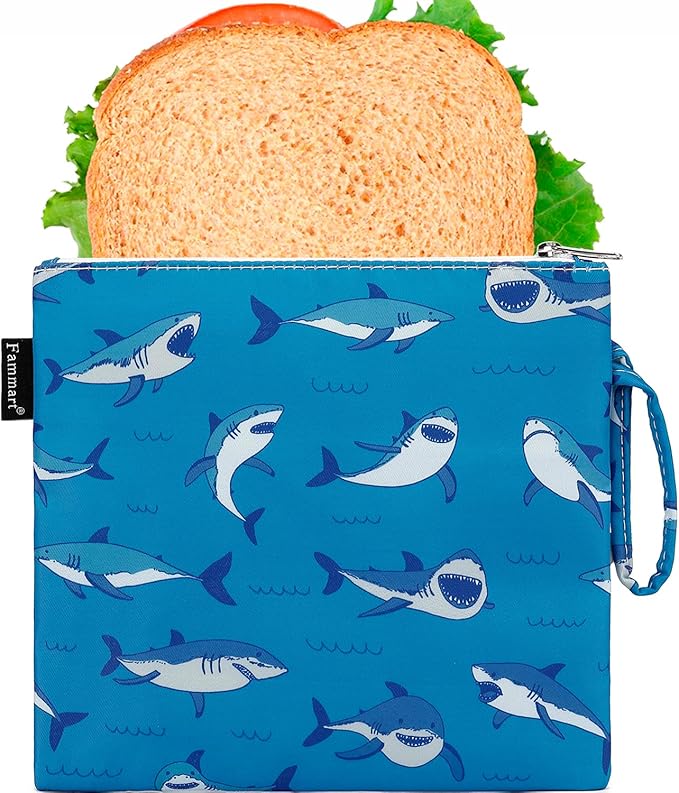 Reusable Sandwich Bag/Snack Bag for Kids & Adults, Dual Layer Lunch Bag with Handle, Cosmetic Bag Makeup Travel Bag for Women Girls, Washable, Food Safe, BPA Free (1-Pack, Shark)