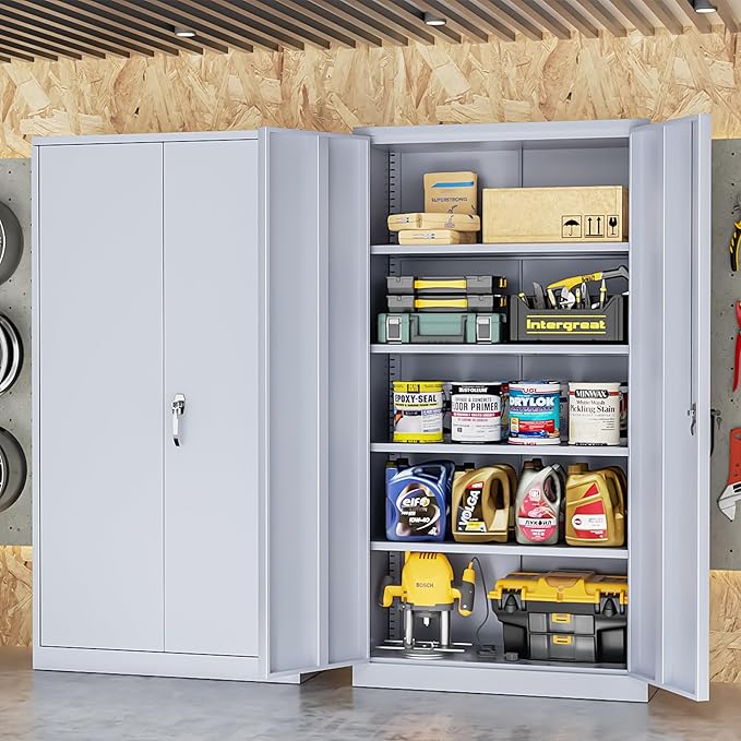 INTERGREAT Metal Storage Cabinets 72” Cement Grey Garage Steel Storage Cabinet with Doors and Shelves, Steel File Cabinet for Home Office, Basement, Warehouse, Classroom（Anti Tipping）