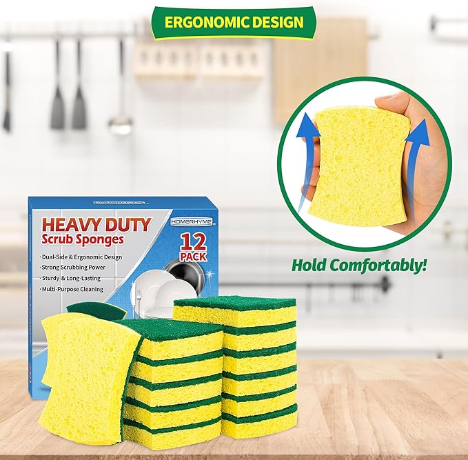 HOMERHYME Heavy Duty Cellulose Scrub Sponges, 12 Pack Dual-Sided Multipurpose Kitchen Sponge for Dishwashing, Uncoated Cookware, Sink, and Countertops