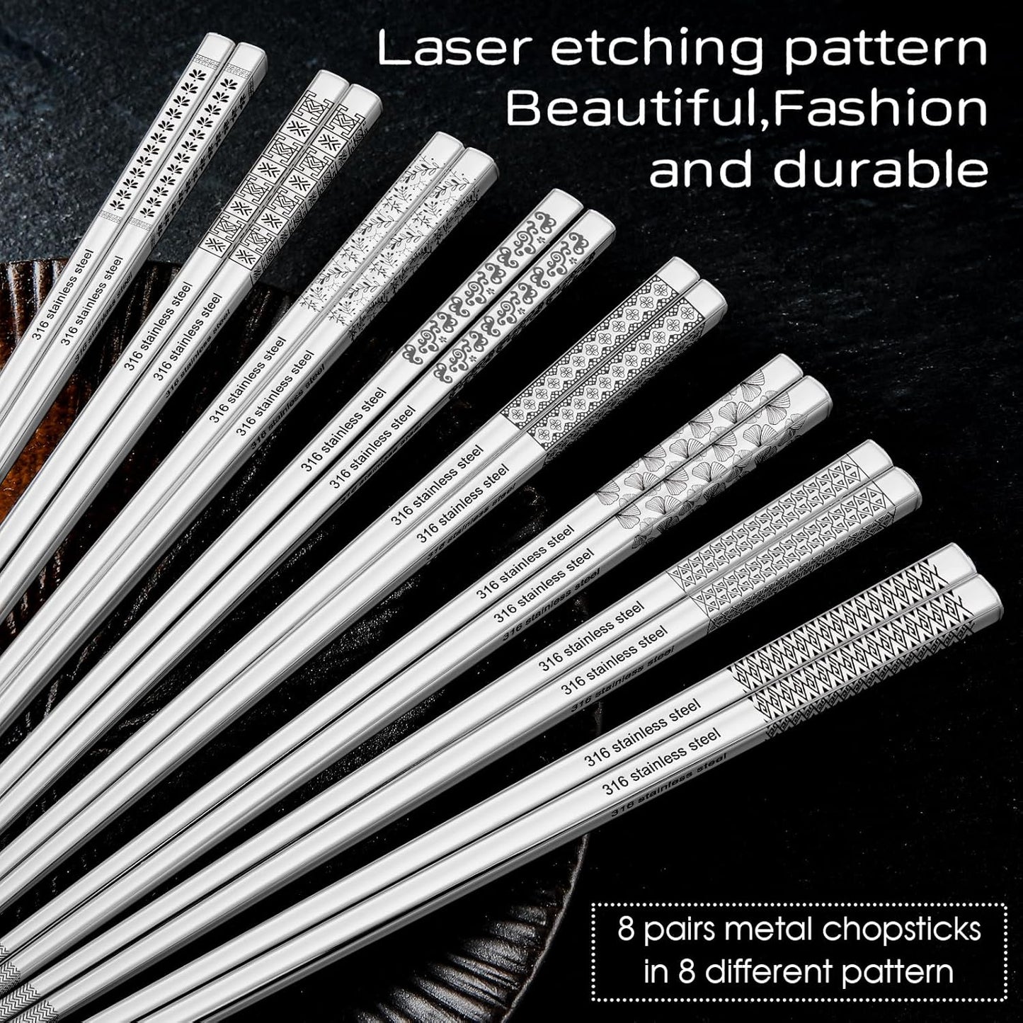 8 Pairs Metal Chopsticks Reusable 18/10 Stainless Steel Chopsticks Set Cute Laser Engraved Non-slip Japanese Korean Chinese Chopstick for Cooking Eating Dishwasher Safe 9.25" Chop Sticks Gift Set