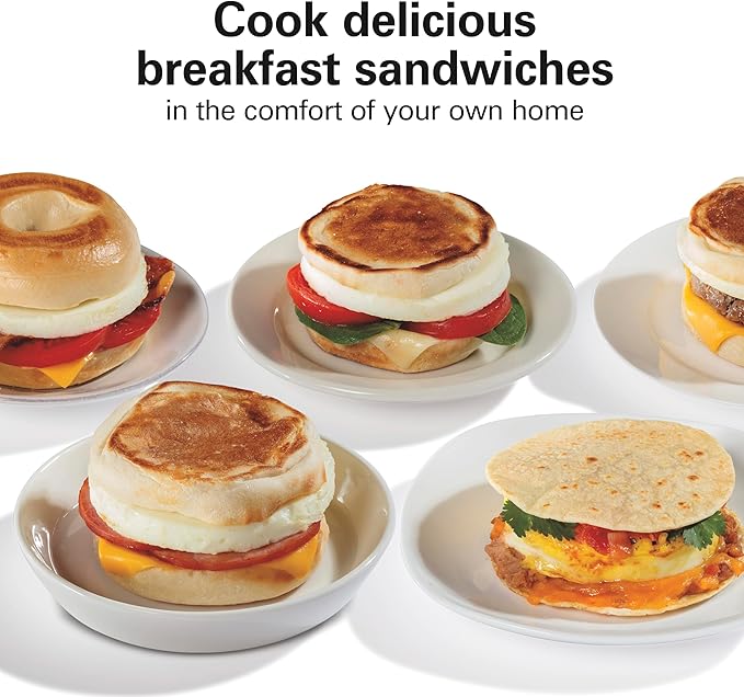 Hamilton Beach Dual Breakfast Sandwich Maker with Timer, Ready in 5 Minutes, Removable Dishwasher Safe PFAS-Free Non-Stick Egg Cooker Ring, Silver (25490MNA)