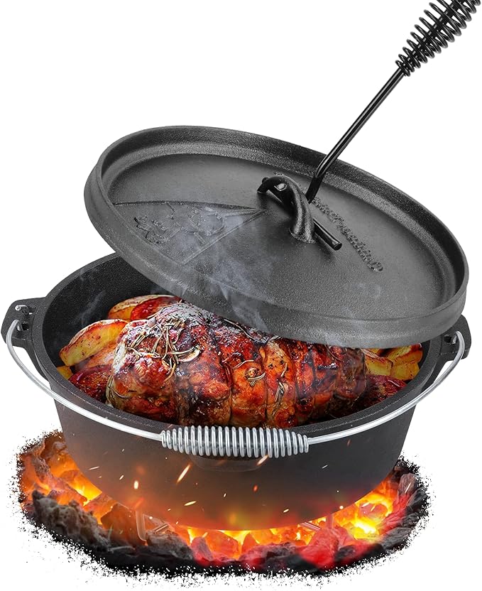 LIFERUN Dutch Oven Pot with Lid, 4.2 Quart Cast Iron Dutch Oven, without Feet, with Stand & Spiral-shaped Handle, Cast Iron Pot for Outdoor & Indoor, Black