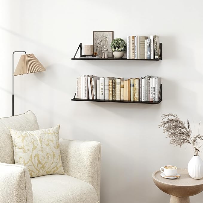 Heimlove Black Deep Floating Shelves for Wall, 30W x 8D Wood Wall Shelves Set of 2, Wide Floating Bookshelf for Living Room, Kitchen, Office, Bedroom and Decor Storage, with Metal Bracket - Black