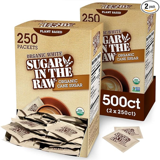 Sugar In The Raw Organic Granulated White Premium Cane Sugar, No Added Flavors or erythritol, Pure Natural Sweetener, Hot & Cold Drinks, Coffee, Tea, Vegan, Gluten-Free, Non-GMO, Bulk Sugar, 250 ct packets (2-Pack)