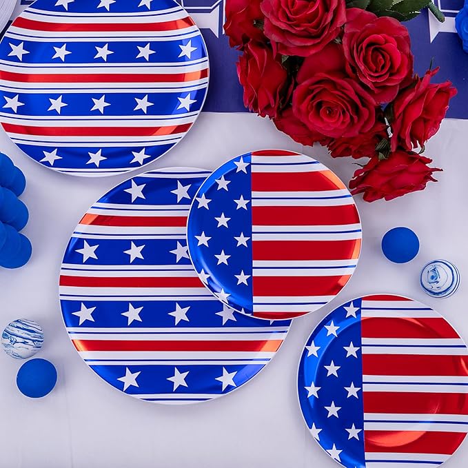 FLOWERCAT 60PCS 4th of July Plates & Red White Blue Plates for Independence Day, Memorial Day - American Flag Plastic Plates Include 30PCS 10.25inch Dinner Plates and 30PCS 7.5inch Dessert Plates