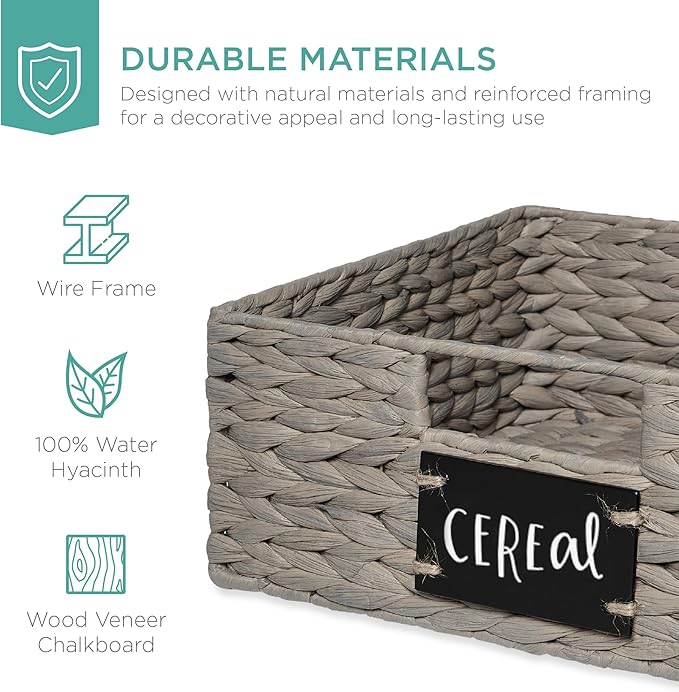 Best Choice Products Set of 4 13x12in Water Hyacinth Pantry Baskets, Woven Organizers w/Chalkboard Label, Chalk Marker - Gray