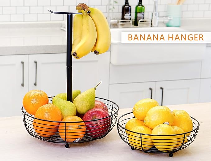 CAXXA 2 Tier Fruit Basket Bowl Kitchen Heavy Duty Wire Organizer, Black