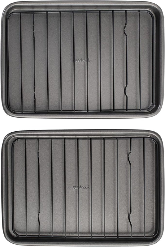 GoodCook Set of 2 Nonstick Steel 9" x 6.2" Toaster Oven Mini Baking Sheets with Racks, Gray