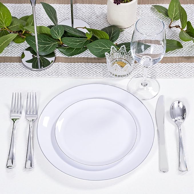 KIRE 200PCS Silver Plastic Plates - White Plastic Plates with Silver Rim Include 100 Dinner Plate and 100 for Dessert/Salad Plate for Birthday/Wedding/Party