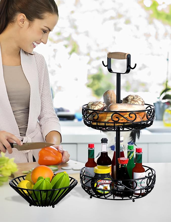 2-Tier 𝐅𝐫𝐮𝐢𝐭 𝐁𝐚𝐬𝐤𝐞𝐭 and Fruit Bowl - Fruit and Vegetable Storage with Banana Tree Hanger and Wood Handle, Fruit Basket for Kitchen Counter, for Bread Onions Potatoes Veggies Produce