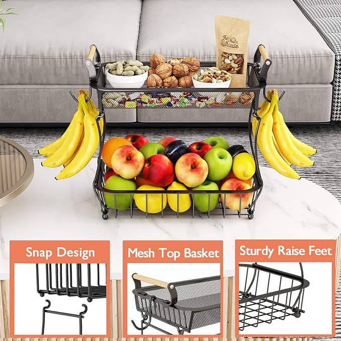 ANTOPY 2 Tier Fruit Basket with 2 Banana Hangers, Countertop Fruit Vegetable Basket Bowl for Kitchen Counter Metal Mesh Basket Fruits Stand Produce Holder Organizer for Onion Potato Bread Snack Veggie