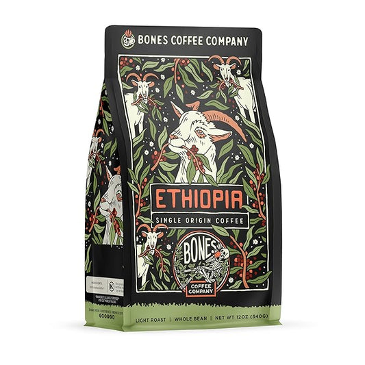 Bones Coffee Company Ethiopia Single-Origin, Citrus, Floral and Berries Notes, Whole Coffee Beans, Low Acid Medium Roast Arabica Beans Flavored Coffee, 12 oz Whole Bean