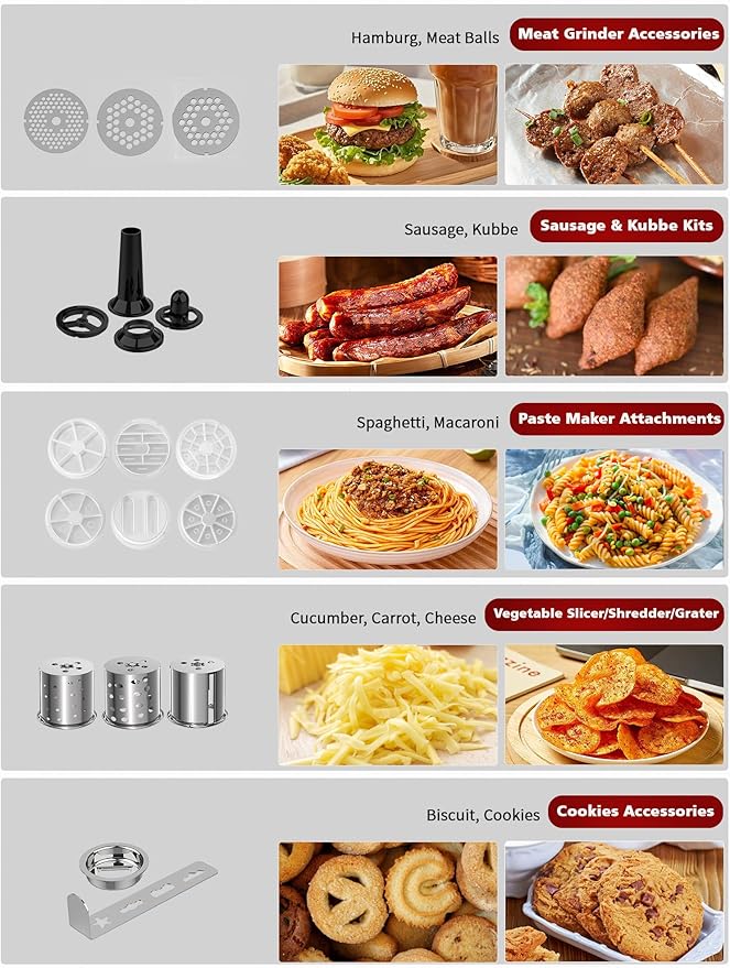 Vospeed 9 IN 1 Stand Mixer, 850W Tilt-Head Multifunctional Electric Mixer with 8 QT Stainless Steel Bowl, 1.5L Glass Jar, Meat Grinder, Hook, Whisk, Beater Dishwasher Safe (Red)