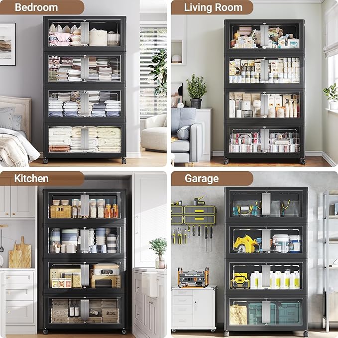 480QT Stackable Storage Bins with Lids, 120Gal Extra Large Collapsible Storage Box with Wheel, Plastic Storages with Clear Door Open Front for Home Bedroom Garage, Black-3pack(3 lids)