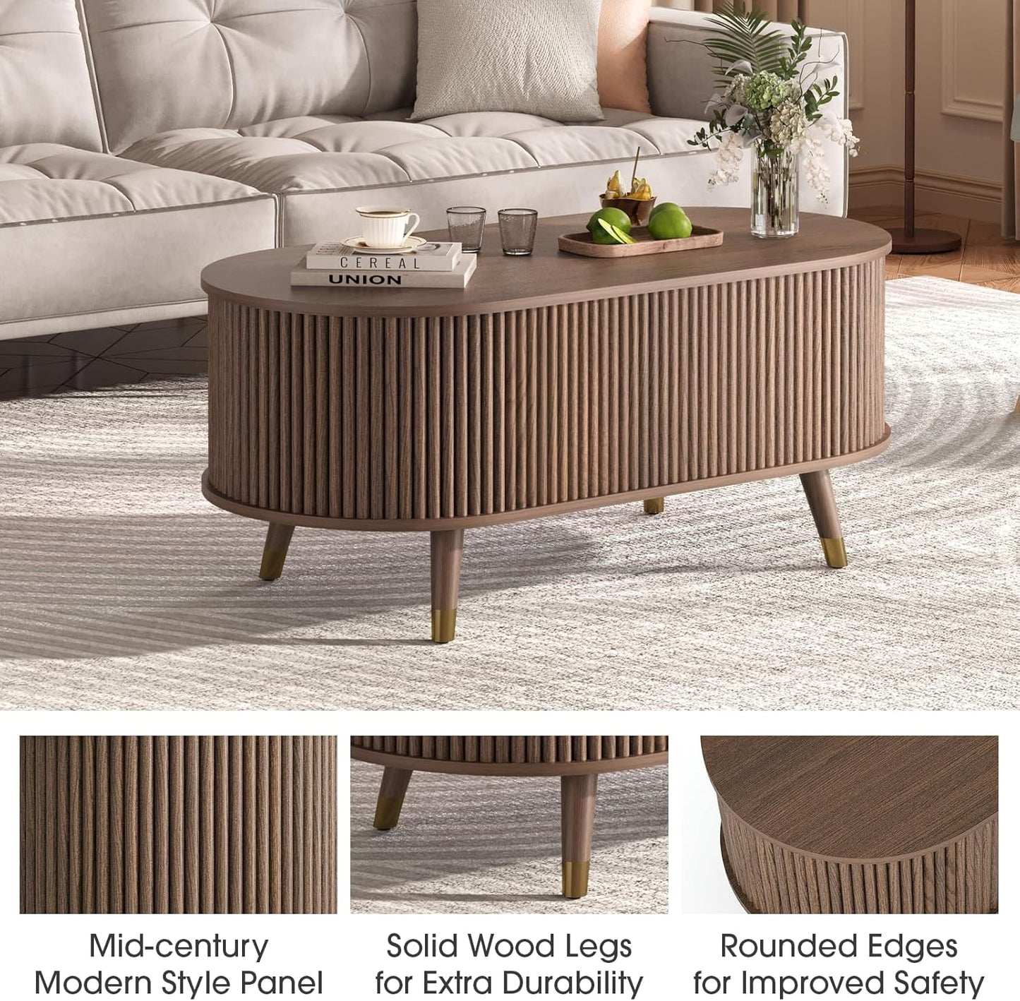 Oval Coffee Table with Storage,42.5” Fluted Coffee Table with Lifting Top & Solid Wood Legs,Modern Lift Up Center Table for Living Room,Home Office,Walnut