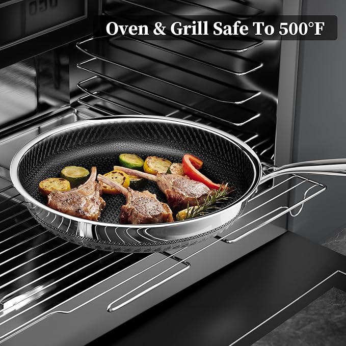 Stainless Steel Frying Pan with Lid - Titanium Ceramics Stainless Steel Nonstick Frying Pan Set, 10 Inch&12 Inch Safe Non Stick Skillet Egg Omelete Pan Set, Induction Compatible, PFOA, PFAS, PTFE Free