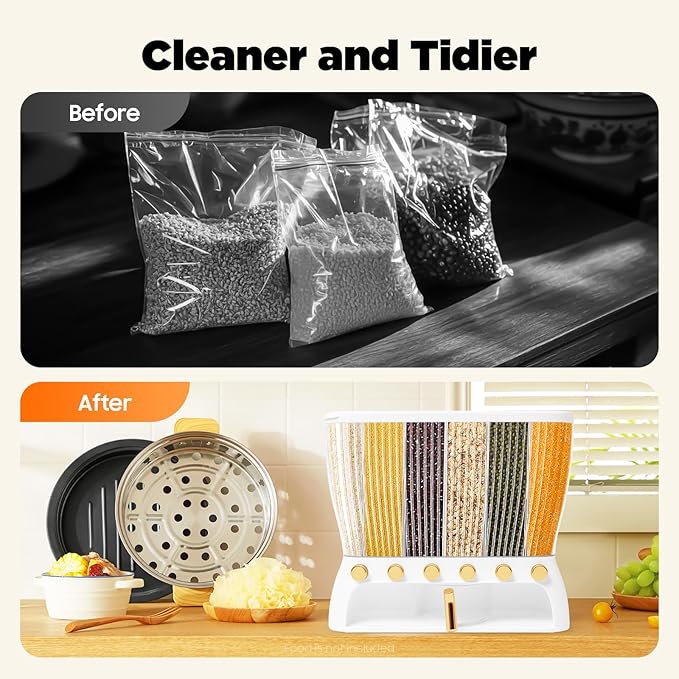 Food Storage Containers with 6 Divisions,Wall mounted 6 Grid Beans Dispenser,22Lbs Cereal Containers for Storing Flour & Sugar & Rice & Cereals & Nuts & Beans & Coffee
