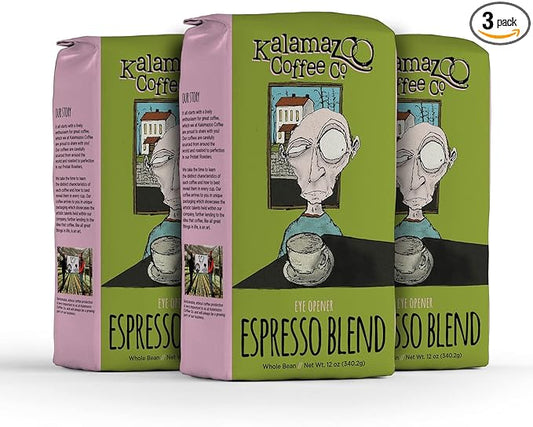 KALAMAZOO COFFEE COMPANY Espresso Blend Whole Bean Coffee - Eye Opener Espresso | 12oz Bag (3 Pack)