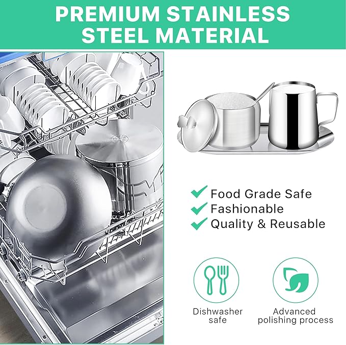 Stainless Steel Sugar and Creamer Set, Coffee Sets for Serving, Latte Milk Cup Cream Jug and Sugar Bowl with Lid Spoon Tray for Coffee Bar