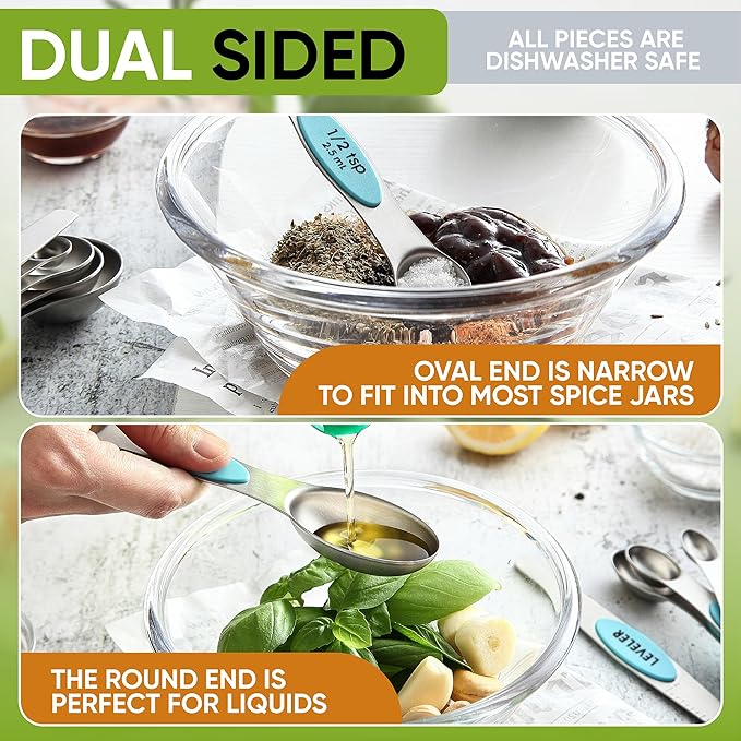 Spring Chef Magnetic Measuring Cups & Spoons Set (Patent Pending), Strong Magnets, Heavy Duty Stainless Steel Fits in Spice Jars for Baking & Cooking, BPA Free, Round Set of 15 with Leveler, Aqua Sky