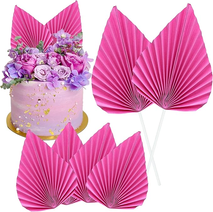 Gyufise 6Pcs Paper Palm Fan Cake Topper Palm Spear Leaves Fan Cake Pick Decoration for DIY Craft Project Home Made Wedding Bridal Shower Birthday Anniversary Party Cake Decorations Peach Red