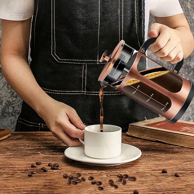 French Press Coffee Maker (34oz 1Quart 5-6Cup) Coffee Press, with 4 Filters System, Heat Resistant Thickness Borosilicate Glass, Cold Brew Coffee Tea Pot Gifts (Copper)